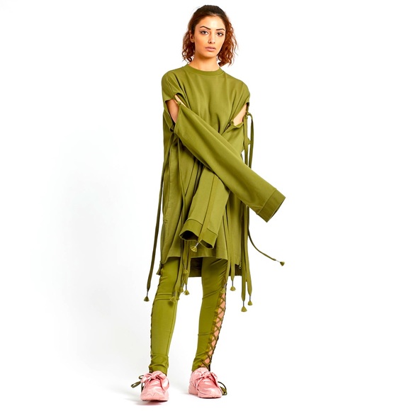 Fenty Puma by Rihanna Runway Green Sleeve Tie Sweatshirt Dress - Picture 9 of 13